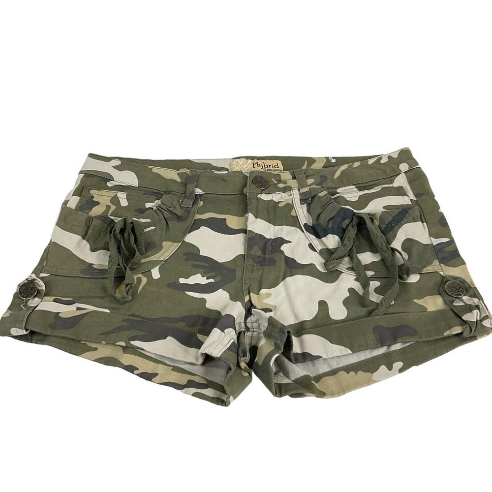 Hybrid & Company Shorts Women's Sz 11 Olive Green Camo Low Rise Shortie Cuff Hem - Picture 1 of 7